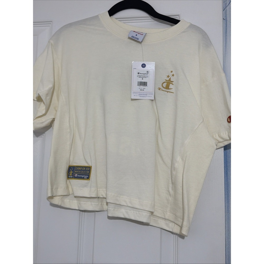 Champion Gold Medal Cropped Tee Unbleached Cotton USA Star Graphic Ivory Small